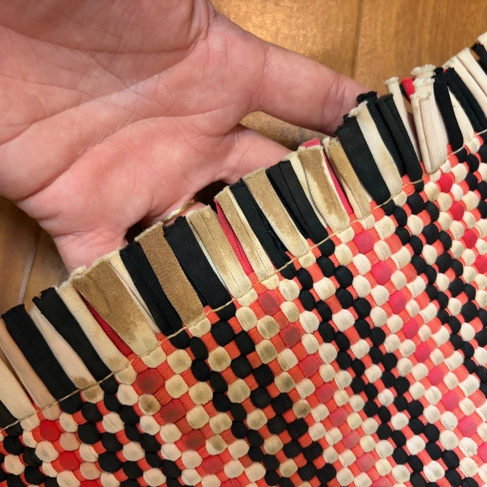 Vintage Handwoven Cotton Rag Rug Pink Black White Red Geometric Boho